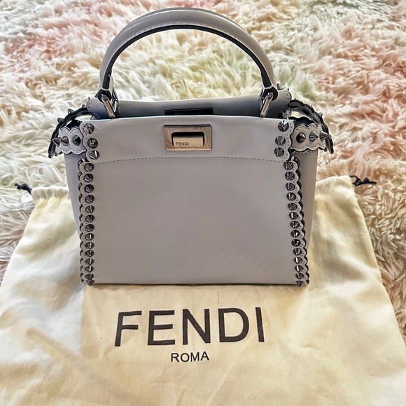 Fendi Peekaboo Mini Light Blue Studded Leather Two Way Top Handle Bag - Picture 2 of 16